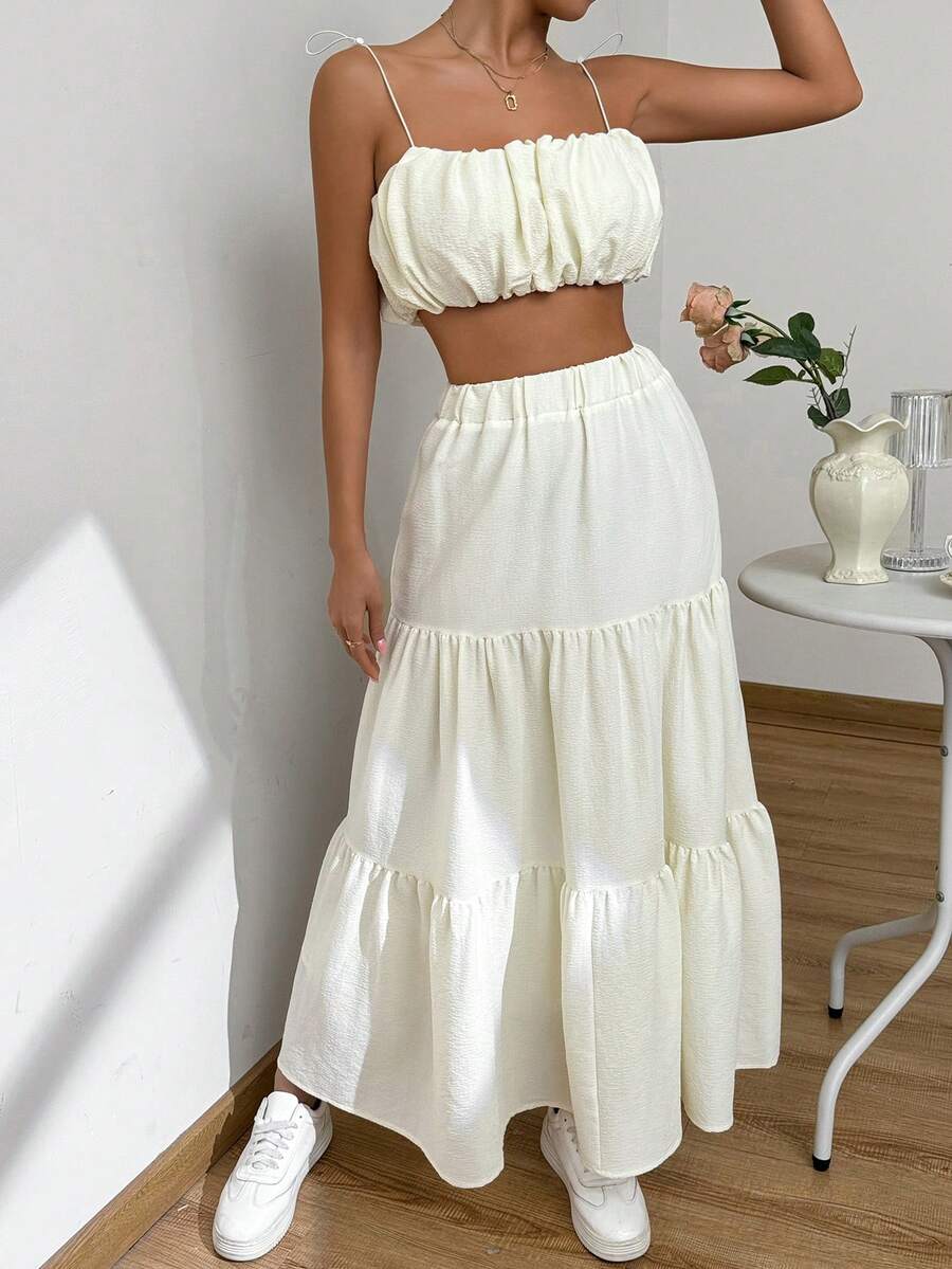 Chiquease Conjunto de top de tirantes de unicolor y falda texturizada de moda para mujer - Albaricoque - Ver 1