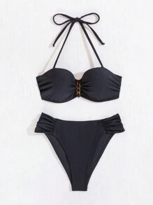 SHEIN Swim 女性夏季海灘時尚簡約露背頸鏈裝飾比基尼游泳裝套裝 - 黑色 - 查看 6