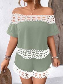 Calvaya Plus Size Vacation Casual Color Block Lace Splicing Off Shoulder Shirt And Shorts Set - Green - View 4