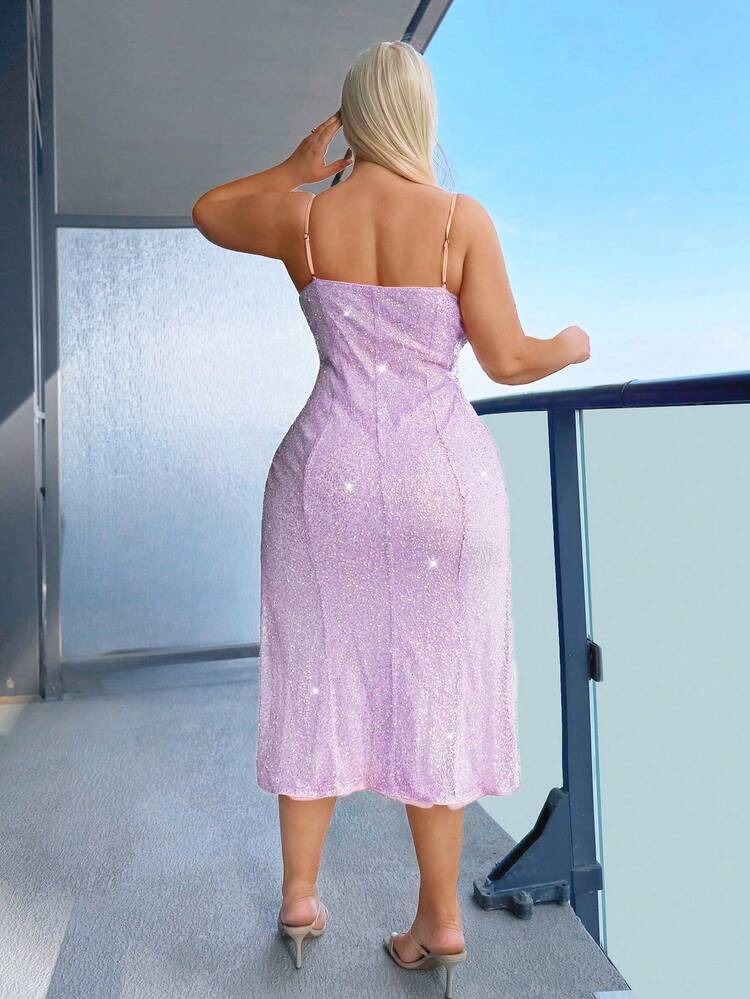 Plus Size Spaghetti Strap Hollow Out Split Bodycon Slip Dress Reaching The Thigh, Sexy