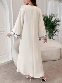 Al Najma 女士优雅阿拉伯花卉印花长袖拼色饰边连衣裙，全长 Jalabiya，休闲长袖连衣裙 - 彩色 - 查看 2