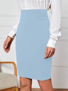 EMERY ROSE 女式高腰流行休閒中長裙，合身傘裙樣式 - 淺藍色 - 查看 4