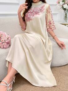 Al Najma Váy Abaya thanh lịch tay ngắn lưới hoa lấp lánh cổ đứng cho nữ, váy Jalabiya tay ngắn, váy Maxi rộng rãi, váy Maxi dự tiệc tối thanh lịch - Nhiều màu - Xem 9