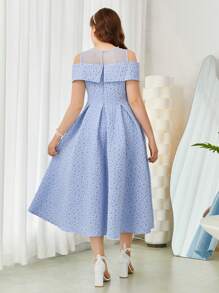 SHEIN Teen Girl Woven Net Dress With Embroidery, Bow And Off-Shoulder Design - Blue - View 3