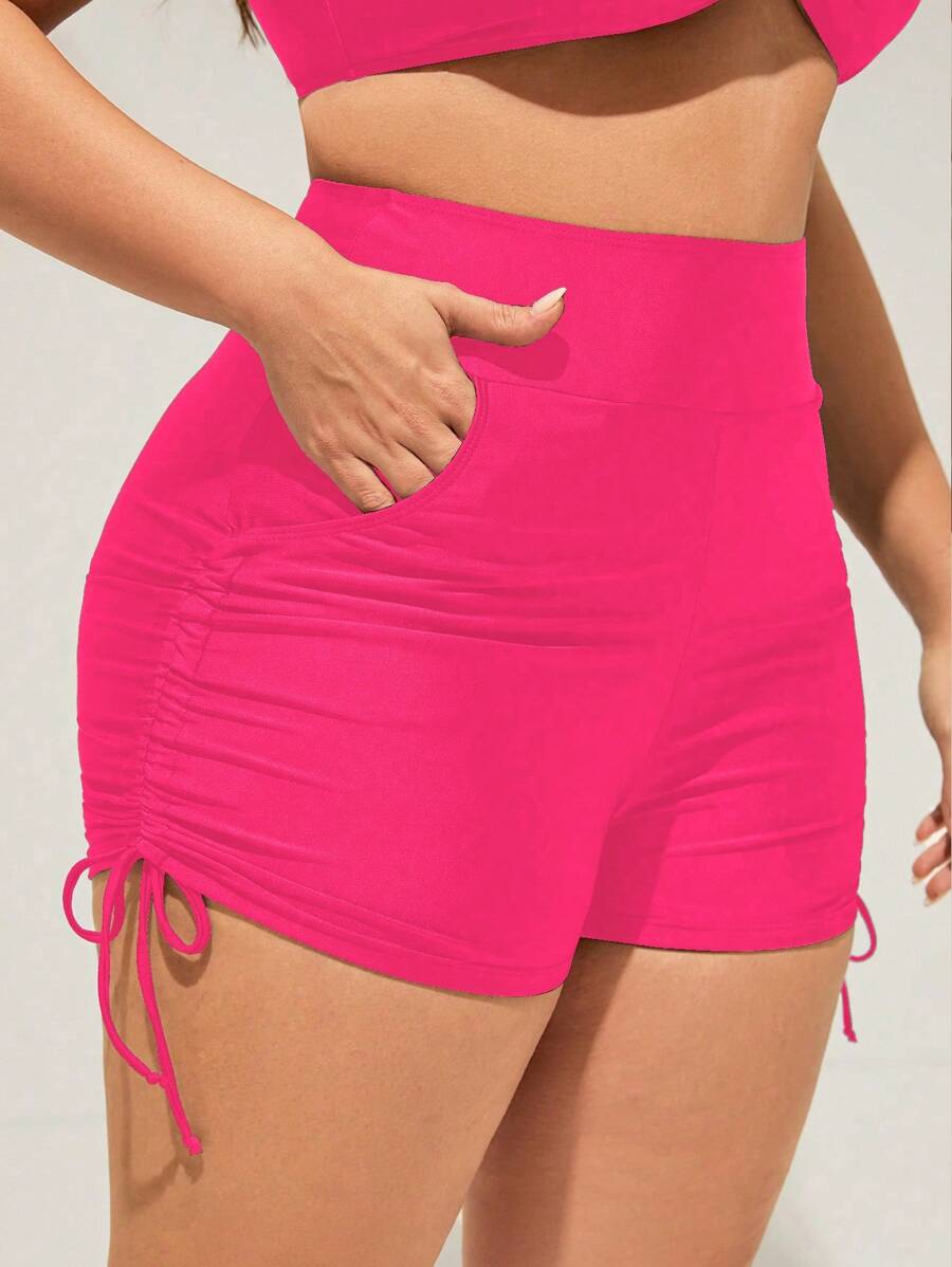 SHEIN Swim Curve Bottom de bikini de talla grande con fruncido, bolsillos, cordón en ambos lados - Rosa Fucsia - Ver 1