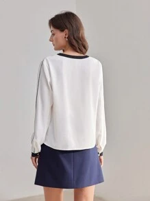 MOTF PREMIUM CONTRAST PIPING TASSEL LACE UP V-NECK BLOUSE - Black and White - View 5