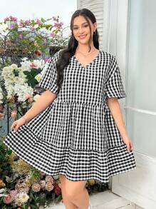SHEIN EZwear 女裝加大尺碼鬆身黑白格紋層次短袖蛋糕裙 - 黑與白 - 查看 6