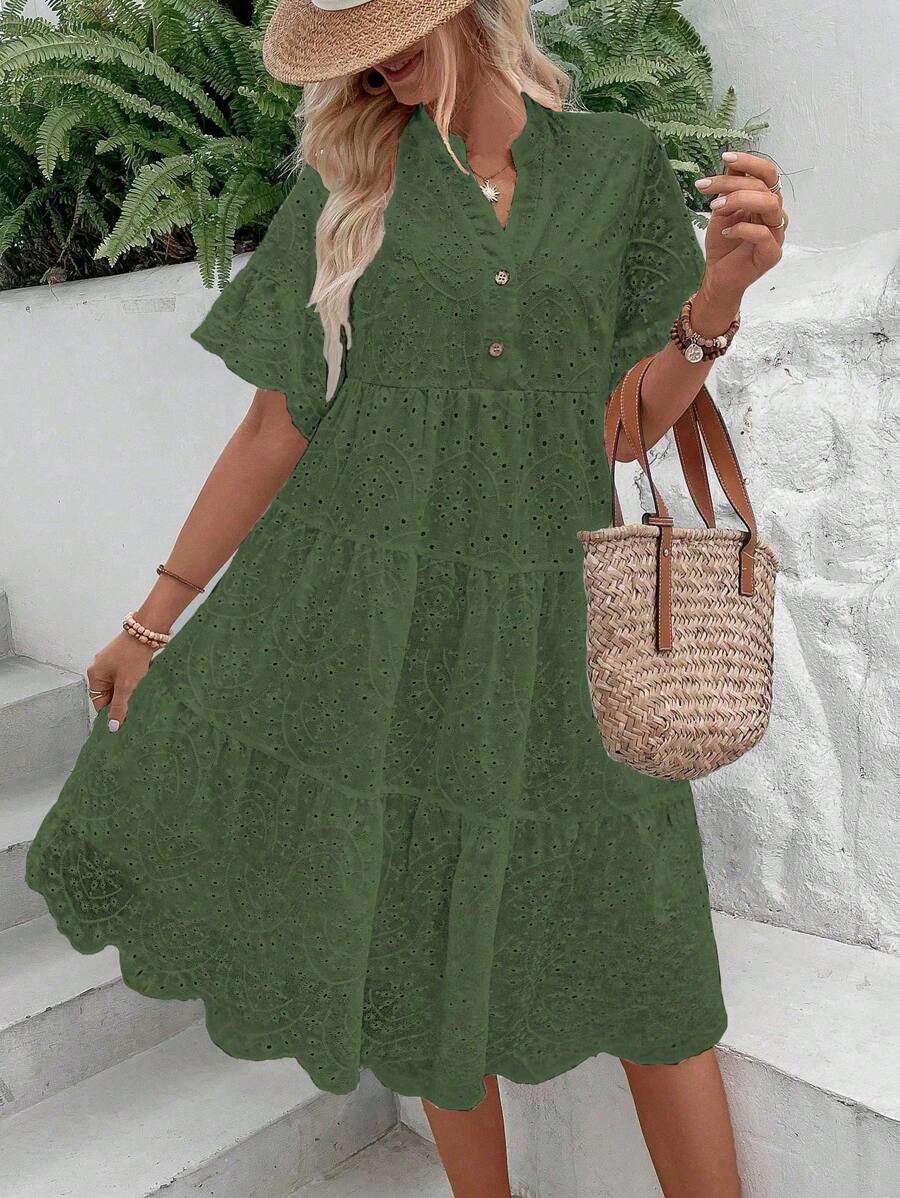SHEIN LUNE Vestido de playa con cuello de solapa, mangas cortas y tejido con efecto de quemado, con botonadura simple y unicolor para mujer
