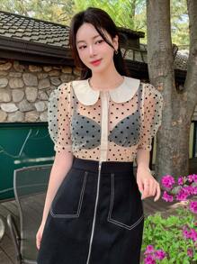 DAZY 波尔卡圆点网眼撞色短袖衬衫，彼得潘领，前襟纽扣，女式，褶边透视 - 杏色 - 查看 7