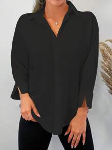 EURMUSE Solid Button Front Shirt - Black - View 3
