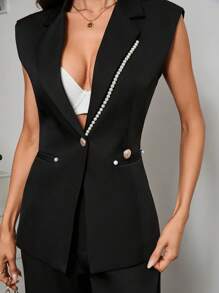 GENKIRA Solid Color Classy CommutingSlimming Effect Pearl Accessories Metal Buckle Suit Vest Straight Leg Trousers Set - Black - View 5