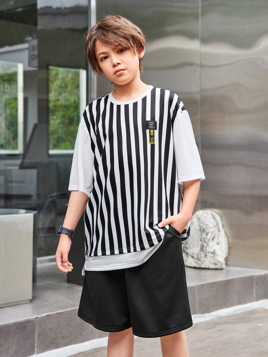 Tween Boy 2 peças/conjunto de ajuste solto casual listrado 2 em 1 camiseta de manga curta e shorts - Preto - Ver 1