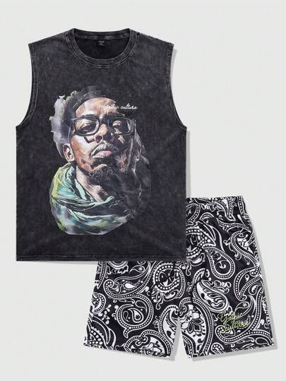 Men's 2pcs Portrait Printed Tank Top And Shorts Set, Perfect For Daily Wear In Spring And Summer