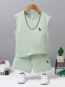 SHEIN Conjunto de chaleco deportivo sin mangas y pantalones cortos con cuello redondo y lindo estampado para niños en verano