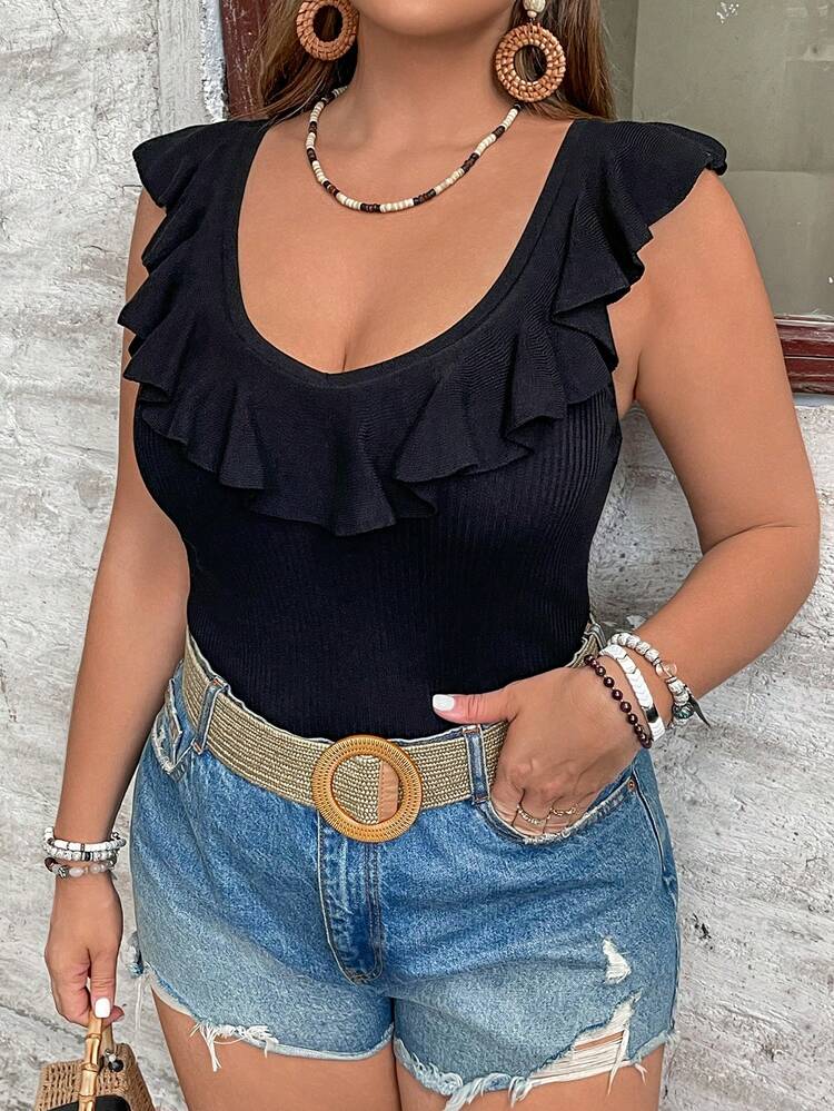 Plus Size Solid Color Knitted Sleeveless Top With Backless & Ruffled V Neckline For Summer