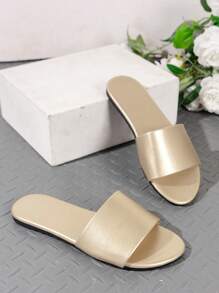 Vintage Gold Flat Women's Sandals, Round Toe Solid Color Leather Slip-Resistant Slippers