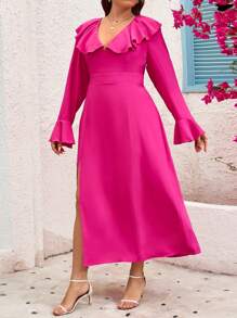 SHEIN Clasi Fashionable Plus Size Women Lotus Collar Side Slit Dress - Hot Pink - View 3