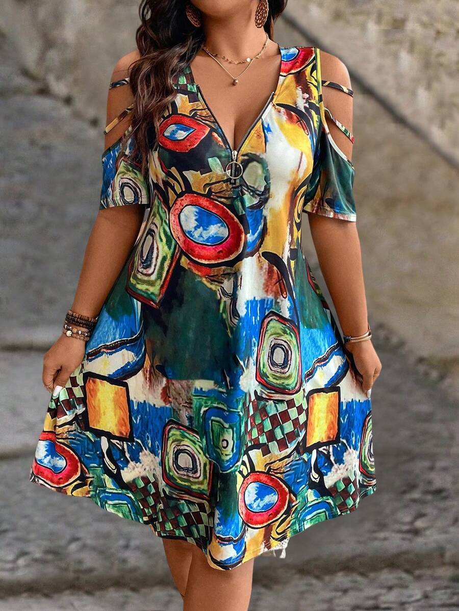 SHEIN LUNE 大尺碼印花深V領拉鍊開肩夏裝洋裝 - 彩色 - 查看 1