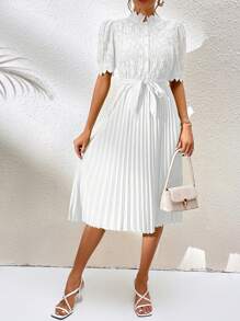 Chiquease 蕾丝上衣半褶下摆系带连衣裙长款女装 - 白色 - 查看 6