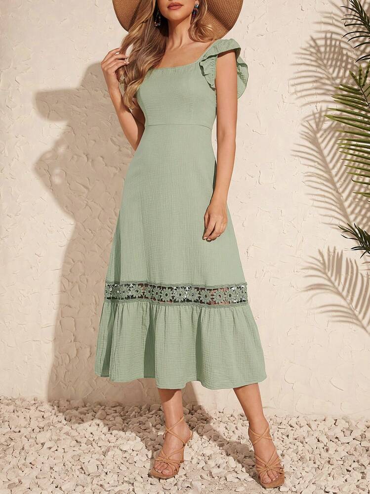SHEIN Clasi Mini Green Flutter Sleeve Dress With Lace Hem - Green - View 2