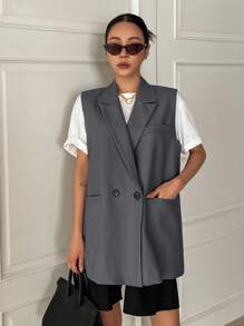 DAZY 女士时尚纯色优雅无袖西装外套商务装 - 深灰色 - 查看 3