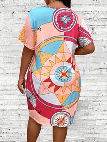Calvaya 女士加大尺碼時尚圓領幾何印花多功能連衣裙 - 粉色 - 查看 2