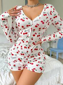 女士長袖櫻桃印花半扣睡衣連體褲 - 白色 - 查看 4