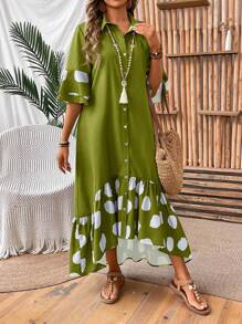 EMERY ROSE Women's Vacation Casual Polka Dot Printed Patchwork Front Button Dress Maxi Women Outfit - Green - View 4