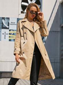 ZIAI Double Button Buckle Belted Trench Coat - Khaki - View 1