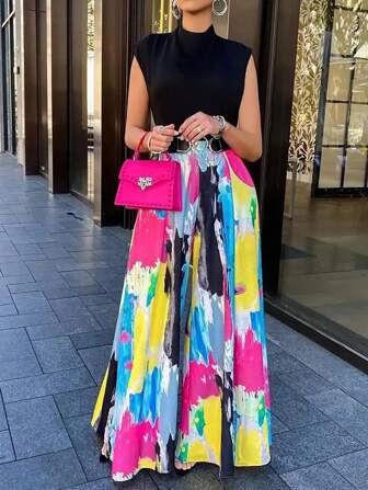 女士时尚日常百搭扎染印花带口袋弹力直筒阔腿裤。