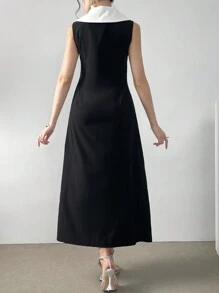 Modelyn Đầm Maxi Không Tay Xếp Ly Màu Tương Phản Thanh Lịch Cho Nữ Mùa Hè Trang Phục Đầm Dạ Hội Dài - Đen và trắng - Xem 2