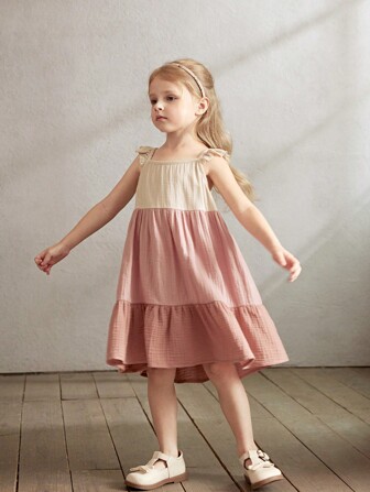 Cozy Cub Young Girl Casual And Versatile Multicolor Spliced Cap Sleeve Pullover Dress