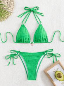 SHEIN Swim Solid Color Halter Neck Back-Tie Bikini Top With Side-Tie Triangle Bottom Set, Perfect For Beach And Pool Wear,Summer Beach - Green - View 4