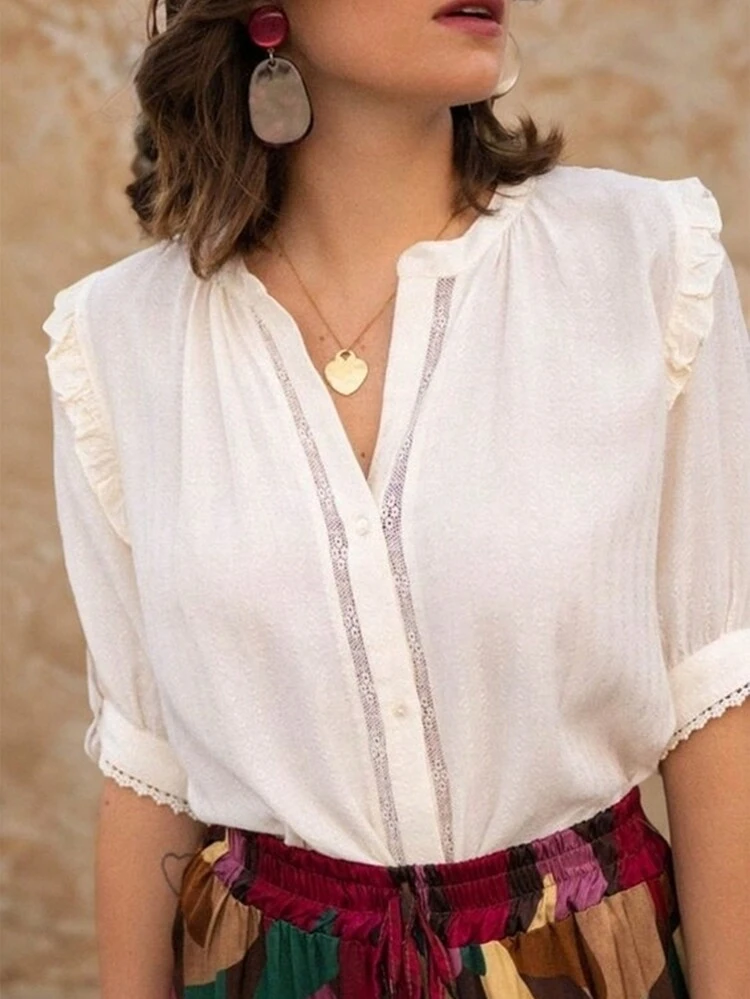 Solid Color Hollow V-Neck Blouse, Lace Splicing, Ruffled Blouse, Ruffled Cap Sleeve Blouse, White Essential, Summer Clothing, Wedding Season Essential, Country Blouse With Lace Decoration And Butterfly Sleeves Elegant