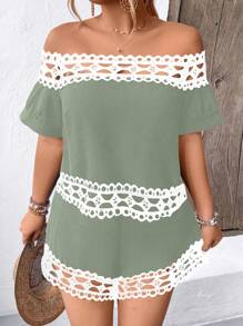 Calvaya Plus Size Vacation Casual Color Block Lace Splicing Off Shoulder Shirt And Shorts Set - Green - View 5