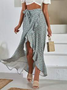 SHEIN Cottnline Váy quấn xòe viền in kỹ thuật số chi tiết dành cho nữ - Màu be - Xem 5