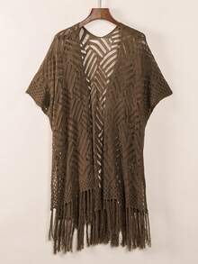 Acelitt Fringe Hem Hollow Out Kimono Summer - Brown - View 6