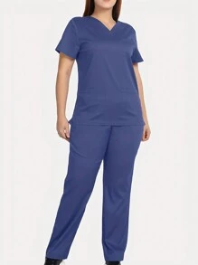 Solid Color Simple Daily Scrub Uniform Set - Blue - View 1