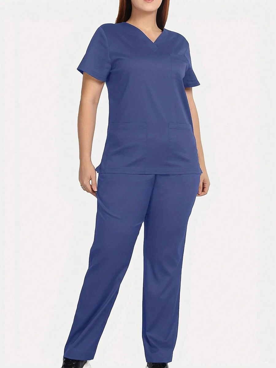 Solid Color Simple Daily Scrub Uniform Set - Blue - View 1