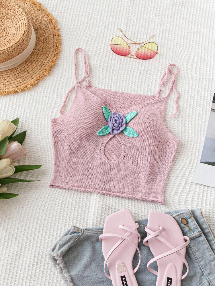 Pink Knitted Hook Flower Hollow Out Rose Romantic Vacation Women's Sweater