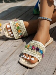 Sandales plates Beige pour femmes avec broderie colorée, style bohémien, chaussures de plage pour fête, parfaites pour les vacances - Multicolore - Voir 6