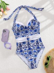 SHEIN Swim 1 pieza Sostén push-up para mujer con estampado aleatorio, inalámbrico, para verano