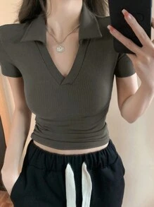 DAZY Women's Slim Fit Short Sleeve Polo Shirt, Solid Color Summer - Olive Green - View 3