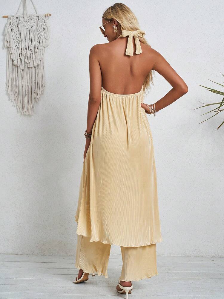 Casual & Vacation, Solid Color, Backless & Split, Halter Top And Wide Leg Pants Set