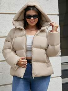 EURMUSE Plus Size Hooded Zipper Puffer Coat, For Winter - Beige - View 1