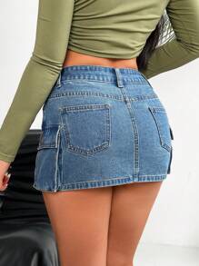 SHEIN PETITE 女士休閒牛仔A字裙，帶口袋，工裝風格 - 中等水洗藍 - 查看 2