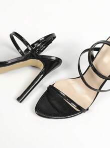 女士简约圆头细高跟凉鞋，带扣，适合休闲、聚会、活动，黑色 - 黑色 - 查看 4