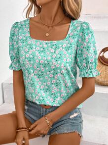 Chiquease Floral Print Square Neck Puff Sleeve Blouse - Green - View 5