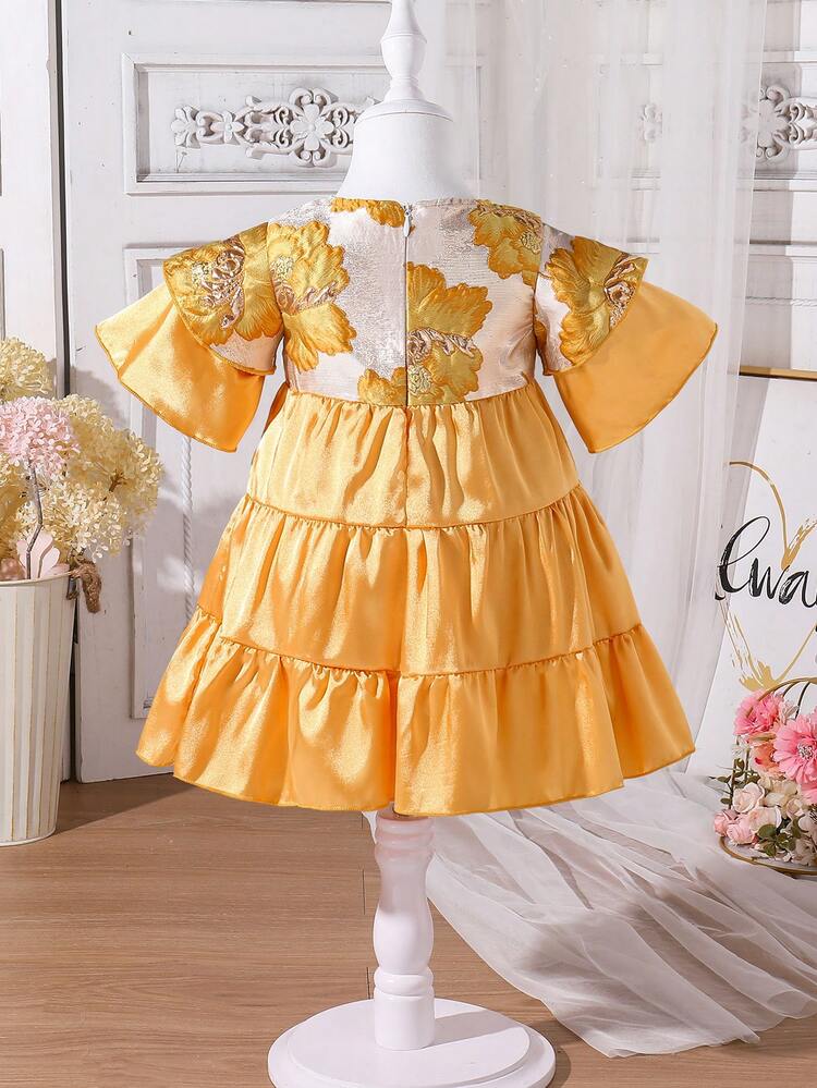 Baby Girl Summer Floral Printed Loose Multilayer Ruffled Hem Cute Dress With Round Neckline