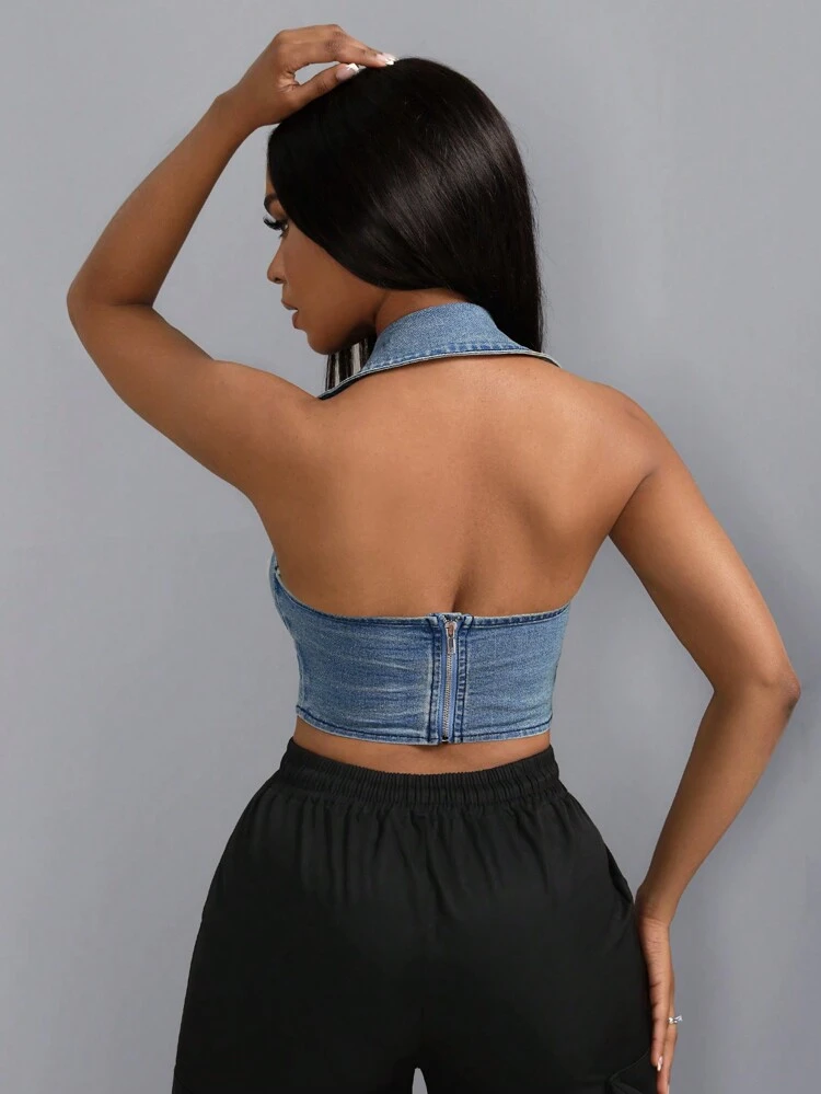 Women's Summer Sexy Criss-Cross Strap Backless Halter Denim Top